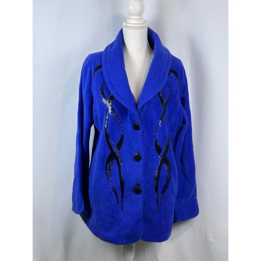 Royal Blue Fleece Sequin Swirl Shawl Collar Button Up Jacket Cardigan Women L